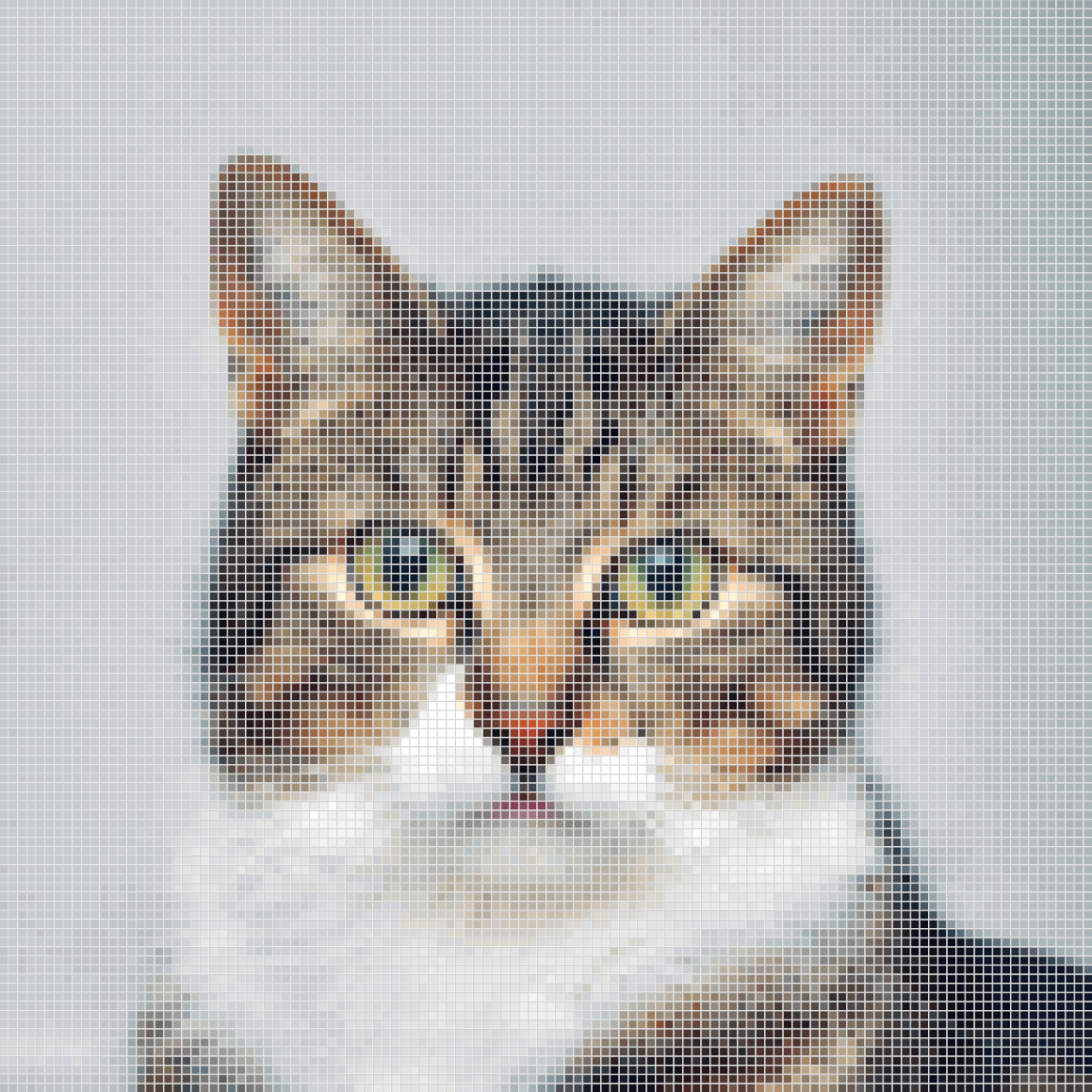 The same cat converted into a 120 × 120 crochet colorwork pattern chart